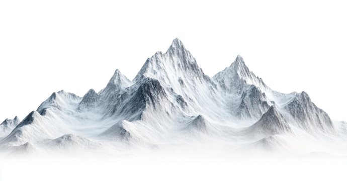 Snow-covered mountain peaks, isolated on transparent cutout background