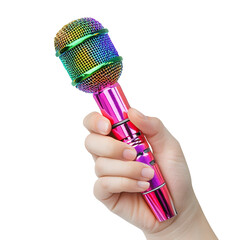 Hand holding a colorful sparkling microphone with glitter design, isolated on transparent cutout...