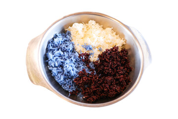 Three-color rice dark brown, white, purple in aluminum pot luxurious isolated on cut out PNG or transparent background. Tasty Cooked rice. Jasmine rice is famous in Thailand for its fragrant aroma.
