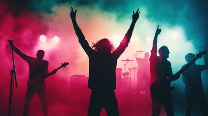 Silhouettes of people rising their hands and having fun at the music open air festival. Nightlife. People dancing at rock concert and going wild. There are orange stage lights. On stage are musicians.