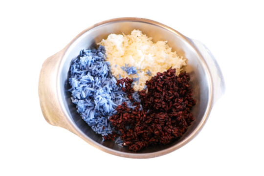 Three-color rice dark brown, white, purple in aluminum pot luxurious isolated on cut out PNG or transparent background. Tasty Cooked rice. Jasmine rice is famous in Thailand for its fragrant aroma.