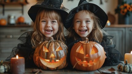Fototapeta premium Halloween, spookiest day of year. Two cute little girls in black witch costumes and pumpkin hats laugh while carving pumpkins on Halloween night, with candles, decorations, and a kitchen background.