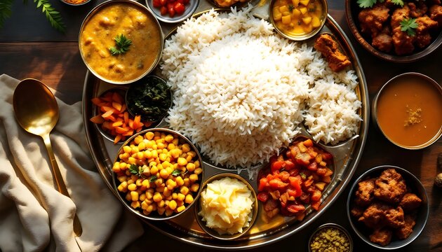 Traditional Thakali Khana Set with Rice and Multiple Curries (Nepalese Cuisine)
