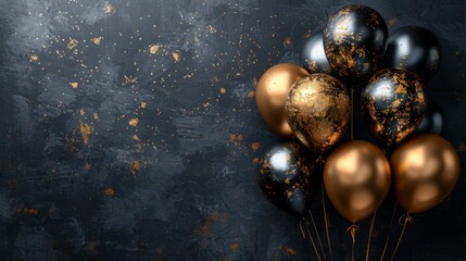 Happy birthday. Silver balloons on a black background with space for copy. decoration concept for birthday parties, holidays, and other events. A black and gold colored design for a banner or poster.