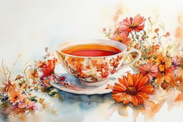 tea cup watercolor art, watercolor teacup with rooibos tea, adorned with red and orange floral accents