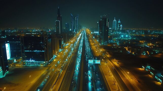 Drone shot King Fahad Road in Riyadh capital city of Saudi Arabia