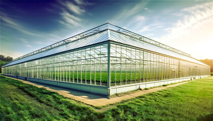 Obraz premium A modern greenhouse with plants in the countryside, closeup