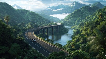 Detailed view of a road with a scenic bridge over a river, framed by lush vegetation and a peaceful landscape