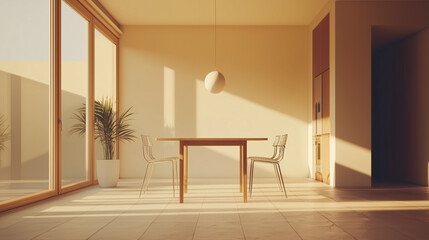 Clean minimalist dining space with a wooden table, two metal chairs, and a small spherical pendant light hanging low