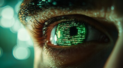 Human eye close-up on green technology background, hacker face and digital data template. Concept of cyber security, tenology, future, gtsk