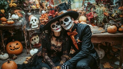 Obraz premium Couple in Matching Halloween Costumes with Skull Theme