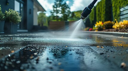 A High-Pressure Water Spray Washing a Patio