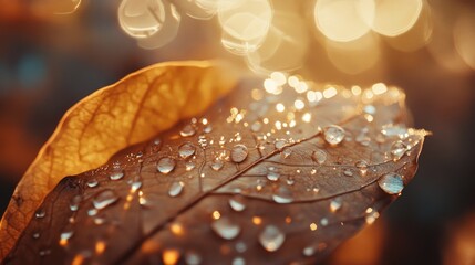 Detailed view of morning dew on a leaf, with droplets clinging to the edges and a soft, blurred background