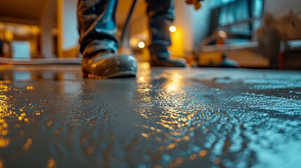 Obraz premium A Worker's Boot in a Wet Concrete Floor