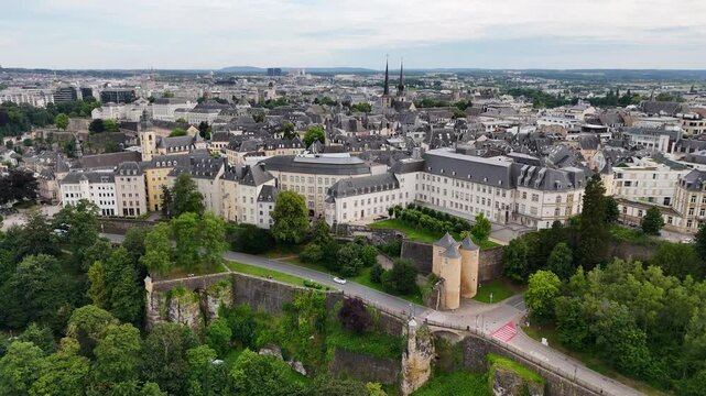 Drone shot of Ville Haute (Upper Town), part of Luxembourg City, Luxembourg