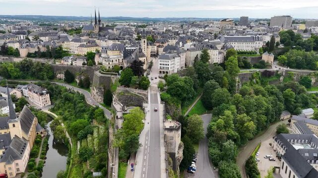 Aerial footage of Upper Town (Ville Haute), part of Luxembourg City, Luxembourg