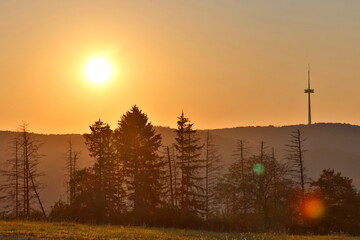Sunset in Germany with TV tower near Koblenz city.