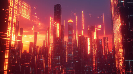 Fototapeta premium 未来都市のデジタルスカイライン