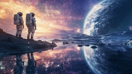 Obraz premium astronomy reflected in a futuristic scene, with astronauts exploring a distant planet under a vast, starry sky