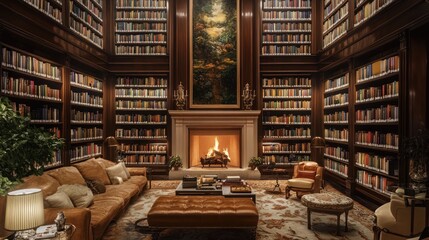 An elegant 1980s library with towering bookshelves