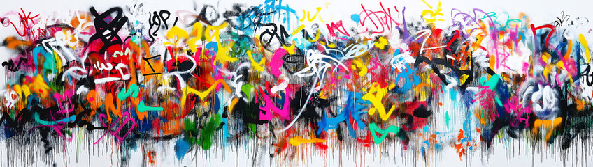Colorful graffiti on a white background, with numerous vibrant tags and symbols. Street art background texture.