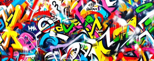 Obraz premium Colorful graffiti on a white background, with numerous vibrant tags and symbols. Street art background texture.
