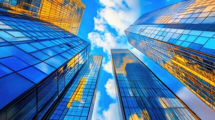 Modern blue glass skyscrapers reflecting the sky, urban architecture concept