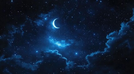 Night sky filled with blue stars and a crescent moon, serene and calm atmosphere