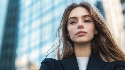 Fototapeta premium Confident woman standing against a modern urban backdrop with soft sunlight highlighting her features, showcasing professional elegance.