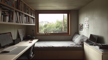 Compact minimalist studio with modular furniture, soft gray walls, and wooden flooring creating a serene atmosphere