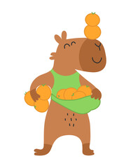 Cute capybara with citrus fruits in hands. Cheerful happy animal. Vector freehand flat isolated illustration