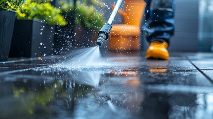 A Person Using a Pressure Washer to Clean a Patio