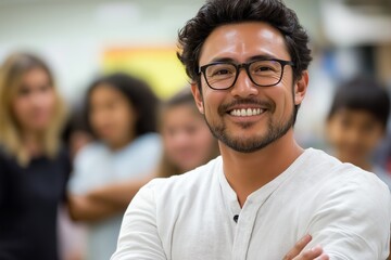 Obraz premium Confident teacher smiling in front of classroom, arms crossed, leading diverse group of students