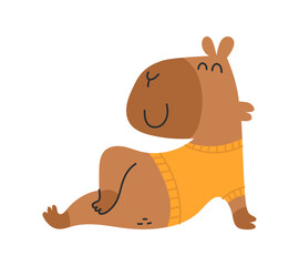 Cute capybara half sitting. Funny happy animal. Vector freehand flat isolated illustration