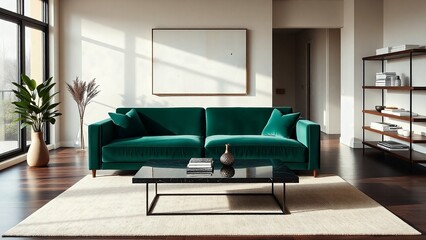 Minimalist Living Room, Modern Velvet Sofa, Elegant Interior Design