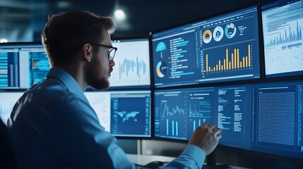 Analyst working with Business, Concept digital transformation technology strategy, Analytics and Data Management System on computer, make a report with KPI and metrics connected to database.