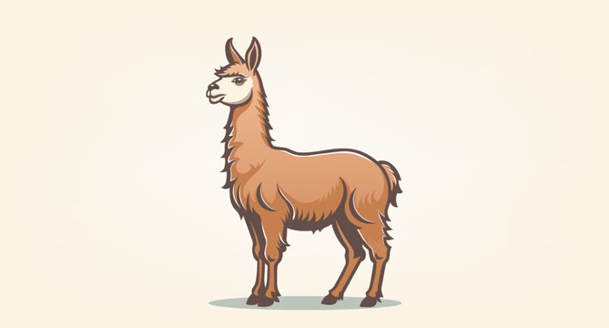 Vector cute brown graphic llama standing full length. Animals of south america. Light isolated background.