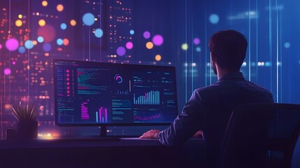 Analyst working with Business, Concept digital transformation technology strategy, Analytics and Data Management System on computer, make a report with KPI and metrics connected to database.