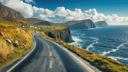 Wide shot of a coastal road with stunning ocean views and dramatic cliffs, under a bright, sunny sky