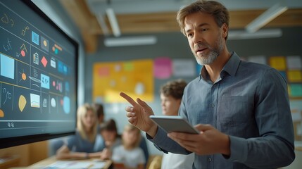 Teacher using interactive smartboard for a classroom lesson with students