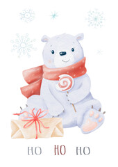 Christmas Watercolor Card Hand Drawn Cute Polar Bear