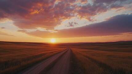 Wide shot of a picturesque road leading through a golden field at sunset, with dramatic sky colors and long shadows