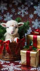 romantic christmas with basket and cute lamb in christmas basket and gifts, realistic illustration of vegan or vegetarian christmas 