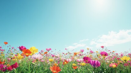 Fototapeta premium Wide view of a vibrant flower field with colorful blooms stretching to the horizon under a clear blue sky