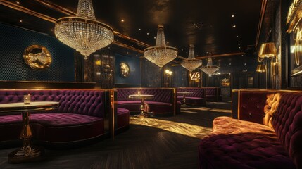 Naklejka premium An extravagant 80s nightclub VIP area with opulent velvet booths and sparkling chandeliers. The room is decked in rich