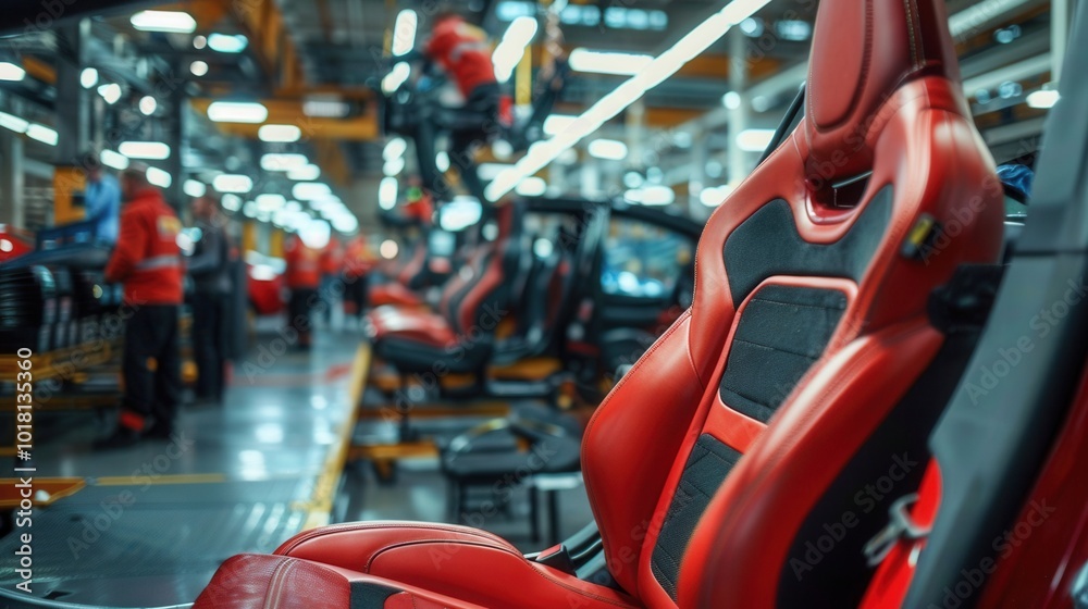 Poster Skilled workers are installing and inspecting car interiors, ensuring quality on the busy factory floor during production hours. Generative AI