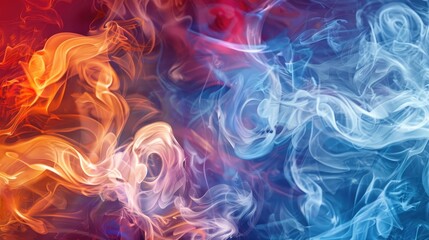 Fototapeta premium An abstract swirl of colorful smoke blending red and blue tones on a dark background, conveying a sense of motion and energy.