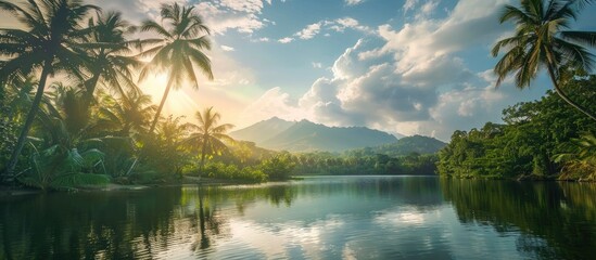 Serene Lake Surrounded By Lush Jungle And Majestic Mountains Under A Stunning Sky
