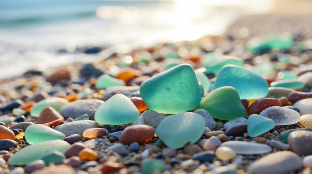 Vibrant hues of green and blue sea glass stand out against a backdrop of neutral stones