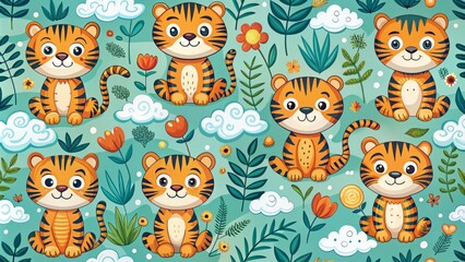 Fototapeta premium Charming cartoon tigers in delightful doodles and patterns, ideal for kids' decor and accessories, bringing vibrant fun and imagination into their